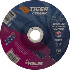Weiler - 30 Grit, 7" Wheel Diam, 7/8" Arbor Hole, Type 27 Depressed Center Wheel - Hard Grade, Ceramic, T Hardness, 8,500 Max RPM - USA Tool & Supply
