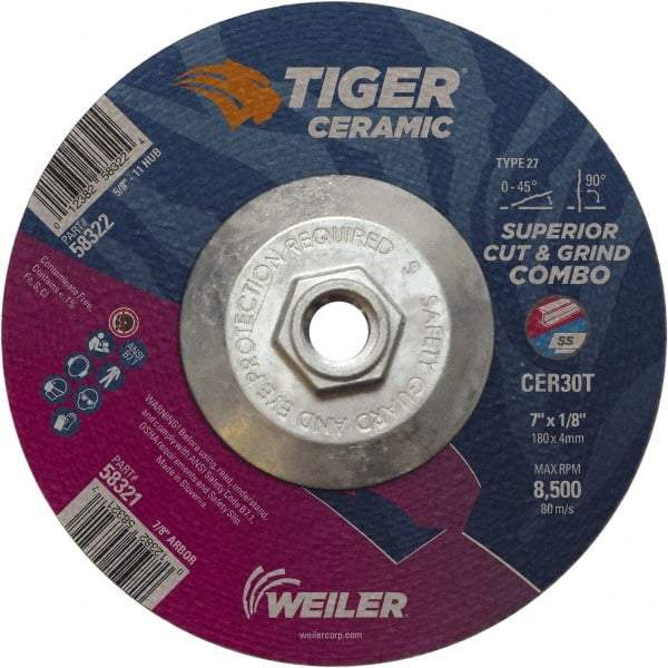 Weiler - 30 Grit, 7" Wheel Diam, Type 27 Depressed Center Wheel - Hard Grade, Ceramic, T Hardness, 8,500 Max RPM - USA Tool & Supply