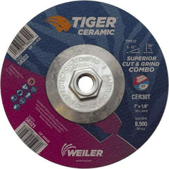 Weiler - 30 Grit, 7" Wheel Diam, Type 27 Depressed Center Wheel - Hard Grade, Ceramic, T Hardness, 8,500 Max RPM - USA Tool & Supply