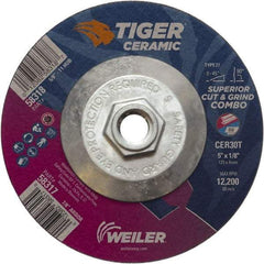 Weiler - 30 Grit, 5" Wheel Diam, Type 27 Depressed Center Wheel - Hard Grade, Ceramic, T Hardness, 12,200 Max RPM - USA Tool & Supply