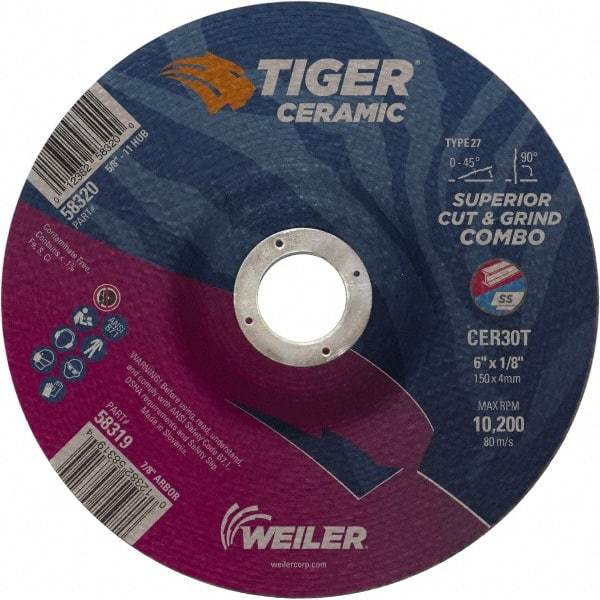 Weiler - 30 Grit, 6" Wheel Diam, 7/8" Arbor Hole, Type 27 Depressed Center Wheel - Hard Grade, Ceramic, T Hardness, 10,200 Max RPM - USA Tool & Supply