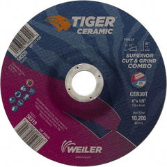 Weiler - 30 Grit, 6" Wheel Diam, 7/8" Arbor Hole, Type 27 Depressed Center Wheel - Hard Grade, Ceramic, T Hardness, 10,200 Max RPM - USA Tool & Supply
