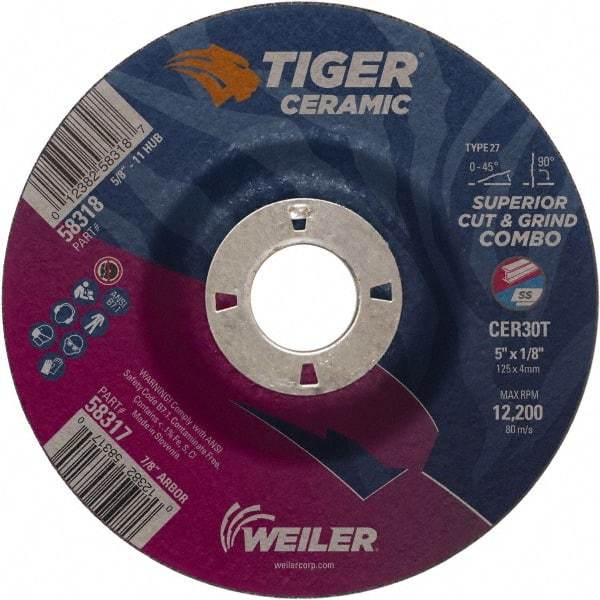 Weiler - 30 Grit, 5" Wheel Diam, 7/8" Arbor Hole, Type 27 Depressed Center Wheel - Hard Grade, Ceramic, T Hardness, 12,200 Max RPM - USA Tool & Supply