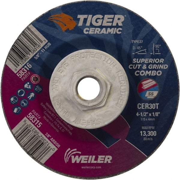 Weiler - 30 Grit, 4-1/2" Wheel Diam, Type 27 Depressed Center Wheel - Hard Grade, Ceramic, T Hardness, 13,300 Max RPM - USA Tool & Supply