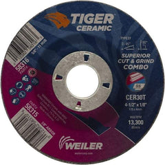 Weiler - 30 Grit, 4-1/2" Wheel Diam, 7/8" Arbor Hole, Type 27 Depressed Center Wheel - Hard Grade, Ceramic, T Hardness, 13,300 Max RPM - USA Tool & Supply