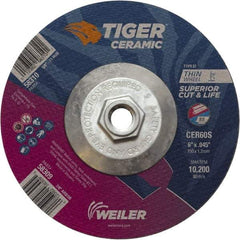 Weiler - 60 Grit, 6" Wheel Diam, Type 27 Depressed Center Wheel - Medium Grade, Ceramic, S Hardness, 10,200 Max RPM - USA Tool & Supply