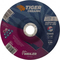 Weiler - 60 Grit, 7" Wheel Diam, 7/8" Arbor Hole, Type 27 Depressed Center Wheel - Medium Grade, Ceramic, S Hardness, 8,500 Max RPM - USA Tool & Supply