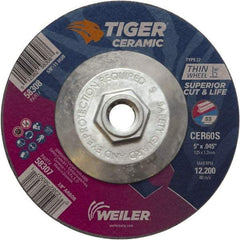 Weiler - 60 Grit, 5" Wheel Diam, Type 27 Depressed Center Wheel - Medium Grade, Ceramic, S Hardness, 12,200 Max RPM - USA Tool & Supply