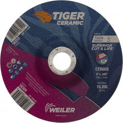 Weiler - 60 Grit, 6" Wheel Diam, 7/8" Arbor Hole, Type 27 Depressed Center Wheel - Medium Grade, Ceramic, S Hardness, 10,200 Max RPM - USA Tool & Supply