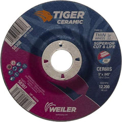 Weiler - 60 Grit, 5" Wheel Diam, 7/8" Arbor Hole, Type 27 Depressed Center Wheel - Medium Grade, Ceramic, S Hardness, 12,200 Max RPM - USA Tool & Supply