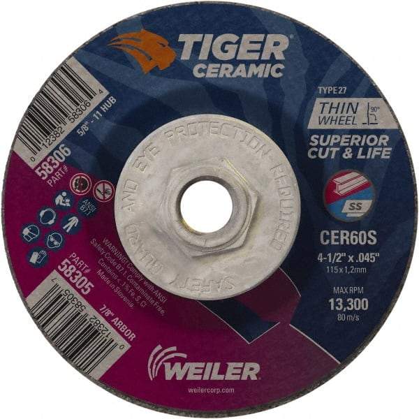 Weiler - 60 Grit, 4-1/2" Wheel Diam, Type 27 Depressed Center Wheel - Medium Grade, Ceramic, S Hardness, 13,300 Max RPM - USA Tool & Supply