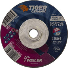 Weiler - 60 Grit, 4-1/2" Wheel Diam, Type 27 Depressed Center Wheel - Medium Grade, Ceramic, S Hardness, 13,300 Max RPM - USA Tool & Supply