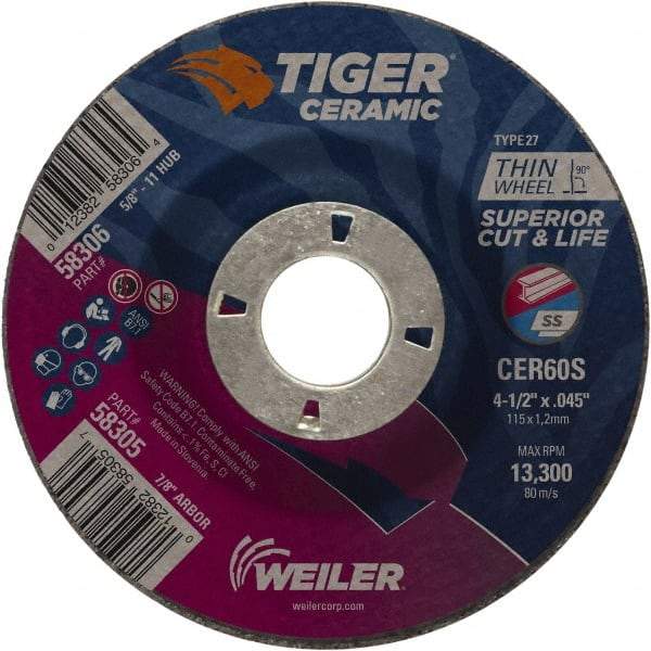 Weiler - 60 Grit, 4-1/2" Wheel Diam, 7/8" Arbor Hole, Type 27 Depressed Center Wheel - Medium Grade, Ceramic, S Hardness, 13,300 Max RPM - USA Tool & Supply