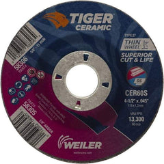 Weiler - 60 Grit, 4-1/2" Wheel Diam, 7/8" Arbor Hole, Type 27 Depressed Center Wheel - Medium Grade, Ceramic, S Hardness, 13,300 Max RPM - USA Tool & Supply
