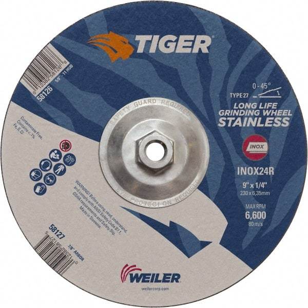 Weiler - 24 Grit, 9" Wheel Diam, Type 27 Depressed Center Wheel - Medium Grade, Aluminum Oxide, R Hardness, 6,600 Max RPM - USA Tool & Supply
