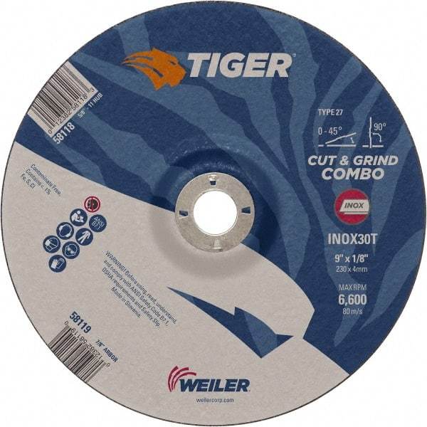 Weiler - 30 Grit, 9" Wheel Diam, 7/8" Arbor Hole, Type 27 Depressed Center Wheel - Hard Grade, Aluminum Oxide, T Hardness, 6,600 Max RPM - USA Tool & Supply