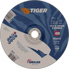 Weiler - 30 Grit, 9" Wheel Diam, 7/8" Arbor Hole, Type 27 Depressed Center Wheel - Hard Grade, Aluminum Oxide, T Hardness, 6,600 Max RPM - USA Tool & Supply