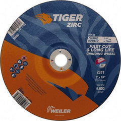 Weiler - 24 Grit, 9" Wheel Diam, 7/8" Arbor Hole, Type 28 Depressed Center Wheel - Hard Grade, Zirconia Alumina, T Hardness, 6,600 Max RPM - USA Tool & Supply