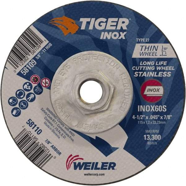 Weiler - 60 Grit, 4-1/2" Wheel Diam, Type 27 Depressed Center Wheel - Medium Grade, Aluminum Oxide, S Hardness, 13,300 Max RPM - USA Tool & Supply