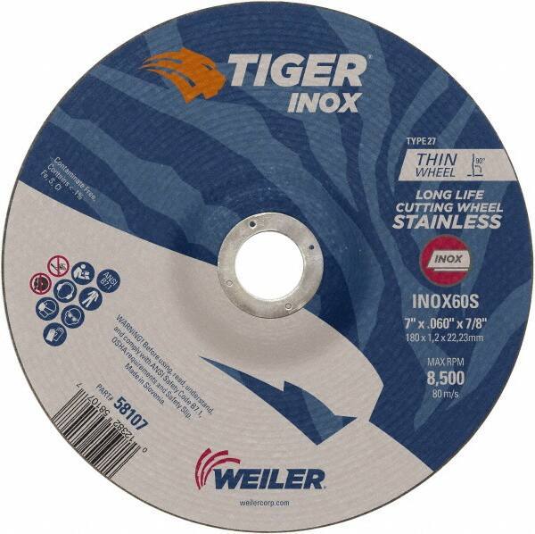 Weiler - 60 Grit, 7" Wheel Diam, 7/8" Arbor Hole, Type 27 Depressed Center Wheel - Medium Grade, Aluminum Oxide, S Hardness, 8,500 Max RPM - USA Tool & Supply