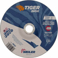 Weiler - 60 Grit, 7" Wheel Diam, 7/8" Arbor Hole, Type 27 Depressed Center Wheel - Medium Grade, Aluminum Oxide, S Hardness, 8,500 Max RPM - USA Tool & Supply