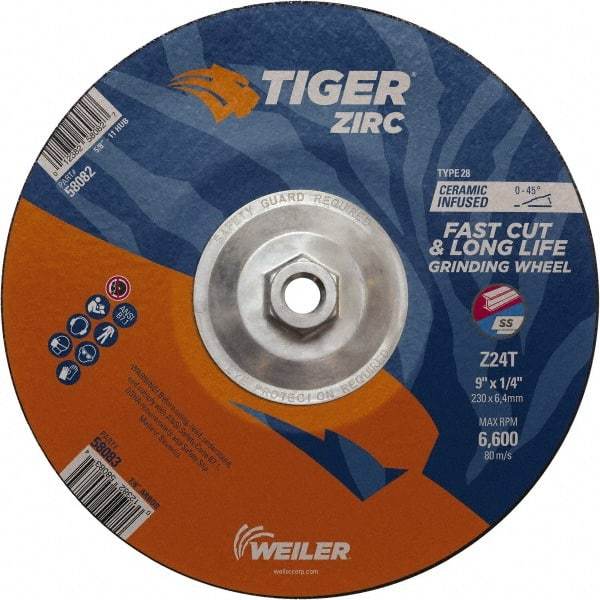 Weiler - 24 Grit, 9" Wheel Diam, Type 28 Depressed Center Wheel - Hard Grade, Zirconia Alumina, T Hardness, 6,600 Max RPM - USA Tool & Supply