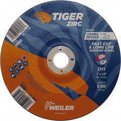 Weiler - 24 Grit, 7" Wheel Diam, 7/8" Arbor Hole, Type 28 Depressed Center Wheel - Hard Grade, Zirconia Alumina, T Hardness, 8,500 Max RPM - USA Tool & Supply