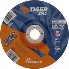 Weiler - 24 Grit, 6" Wheel Diam, 7/8" Arbor Hole, Type 27 Depressed Center Wheel - Hard Grade, Zirconia Alumina, T Hardness, 10,200 Max RPM - USA Tool & Supply