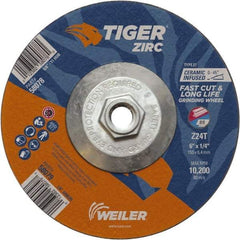 Weiler - 24 Grit, 6" Wheel Diam, Type 27 Depressed Center Wheel - Hard Grade, Zirconia Alumina, T Hardness, 10,200 Max RPM - USA Tool & Supply
