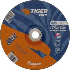 Weiler - 24 Grit, 9" Wheel Diam, 7/8" Arbor Hole, Type 27 Depressed Center Wheel - Hard Grade, Zirconia Alumina, T Hardness, 6,600 Max RPM - USA Tool & Supply