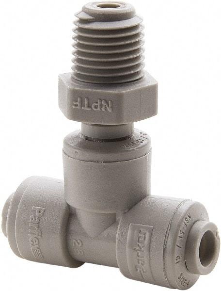 Parker - 3/8" Outside Diam, 1/8 NPTF, Acetal Push-to-Connect Tube Male Swivel Branch Tee - 300 Max psi, Gray - USA Tool & Supply