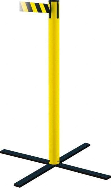 Tensator - 36" High, 5" Pole Diam, Stowaway Post - 22-3/4" Base Diam, Flat Metal Base, Yellow Plastic Post, 7-1/2' x 2" Tape, Single Line Tape, For Outdoor Use - USA Tool & Supply