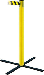 Tensator - 36" High, 5" Pole Diam, Stowaway Post - 22-3/4" Base Diam, Flat Metal Base, Yellow Plastic Post, 7-1/2' x 2" Tape, Single Line Tape, For Outdoor Use - USA Tool & Supply
