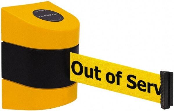 Tensator - 5" High x 3" Long x 3" Wide Barricade Tape Dispenser - Steel, Black Powdercoat Finish, Black/Yellow, Use with Tensabarrier - USA Tool & Supply