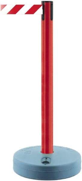 Tensator - 38" High, 2-1/2" Pole Diam, Barricade Tape Dispenser - 14" Base Diam, Round Plastic Base, Red Polymer Post, 7-1/2' x 1-7/8" Tape, Single Line Tape, For Outdoor Use - USA Tool & Supply