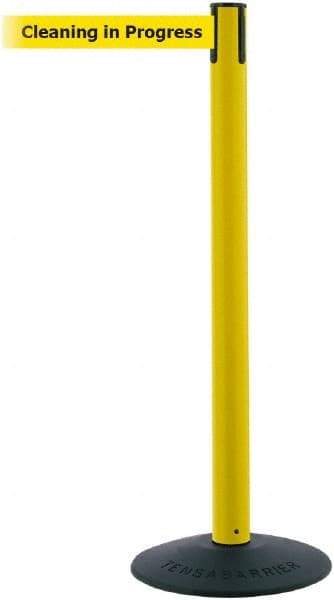 Tensator - 38" High, 2-1/2" Pole Diam, Barricade Tape Dispenser - 14" Base Diam, Round Stainless Steel Base, Black Polymer Post, 7-1/2' x 1-7/8" Tape, Single Line Tape, For Outdoor Use - USA Tool & Supply