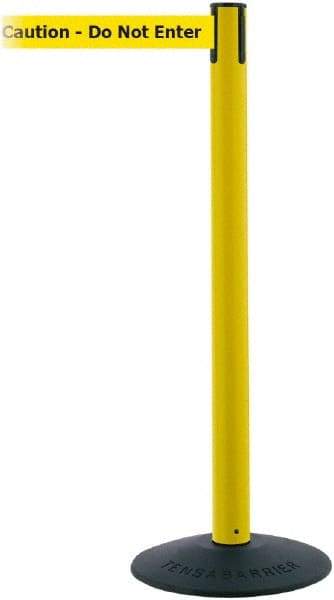 Tensator - 38" High, 2-1/2" Pole Diam, Barricade Tape Dispenser - 14" Base Diam, Round Stainless Steel Base, Black Polymer Post, 7-1/2' x 1-7/8" Tape, Single Line Tape, For Outdoor Use - USA Tool & Supply