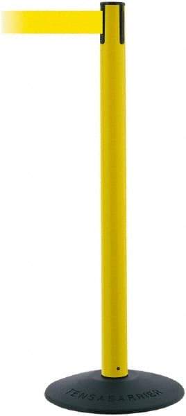 Tensator - 38" High, 2-1/2" Pole Diam, Barricade Tape Dispenser - 14" Base Diam, Round Stainless Steel Base, Black Polymer Post, 7-1/2' x 1-7/8" Tape, Single Line Tape, For Outdoor Use - USA Tool & Supply