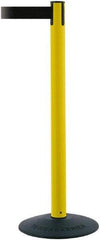 Tensator - 38" High, 2-1/2" Pole Diam, Barricade Tape Dispenser - 14" Base Diam, Round Stainless Steel Base, Yellow Polymer Post, 7-1/2' x 1-7/8" Tape, Single Line Tape, For Outdoor Use - USA Tool & Supply