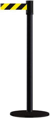Tensator - 38" High, 2" Pole Diam, Barricade Tape Dispenser - 14" Base Diam, Round Plastic Base, Black Steel Post, 7-1/2' x 1-7/8" Tape, Single Line Tape, For Outdoor Use - USA Tool & Supply