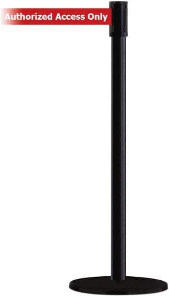 Tensator - 38" High, 2" Pole Diam, Barricade Tape Dispenser - 14" Base Diam, Round Plastic Base, Black Steel Post, 13' x 1-7/8" Tape, Single Line Tape, For Outdoor Use - USA Tool & Supply