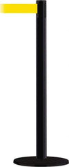 Tensator - 38" High, 2-1/2" Pole Diam, Barricade Tape Dispenser - 14" Base Diam, Round Stainless Steel Base, Black Steel Post, 13' x 1-7/8" Tape, Single Line Tape, For Outdoor Use - USA Tool & Supply