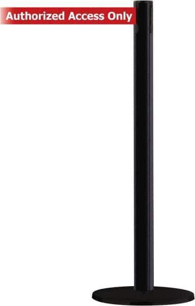 Tensator - 38" High, 2-1/2" Pole Diam, Barricade Tape Dispenser - 14" Base Diam, Round Stainless Steel Base, Black Steel Post, 13' x 1-7/8" Tape, Single Line Tape, For Outdoor Use - USA Tool & Supply