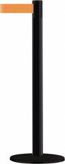 Tensator - 38" High, 2-1/2" Pole Diam, Barricade Tape Dispenser - 14" Base Diam, Round Stainless Steel Base, Black Steel Post, 13' x 1-7/8" Tape, Single Line Tape, For Outdoor Use - USA Tool & Supply