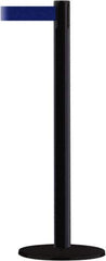 Tensator - 38" High, 2-1/2" Pole Diam, Barricade Tape Dispenser - 14" Base Diam, Round Stainless Steel Base, Black Steel Post, 13' x 1-7/8" Tape, Single Line Tape, For Outdoor Use - USA Tool & Supply