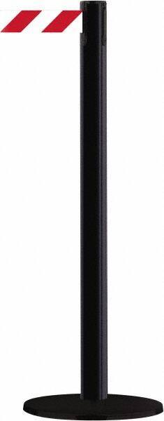 Tensator - 38" High, 2-1/2" Pole Diam, Barricade Tape Dispenser - 14" Base Diam, Round Stainless Steel Base, Black Steel Post, 13' x 1-7/8" Tape, Single Line Tape, For Outdoor Use - USA Tool & Supply