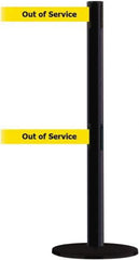 Tensator - 38" High, 2-1/2" Pole Diam, Barricade Tape Dispenser - 14" Base Diam, Round Plastic Base, Black Steel Post, 7-1/2' x 1-7/8" Tape, Dual Line Tape, For Outdoor Use - USA Tool & Supply