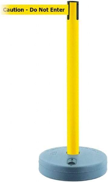 Tensator - 38" High, 2-1/2" Pole Diam, Barricade Tape Dispenser - 14" Base Diam, Round Plastic Base, Yellow Polymer Post, 7-1/2' x 1-7/8" Tape, Single Line Tape, For Outdoor Use - USA Tool & Supply
