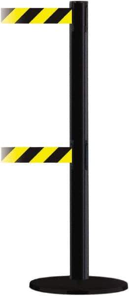 Tensator - 38" High, 2-1/2" Pole Diam, Barricade Tape Dispenser - 14" Base Diam, Round Plastic Base, Black Steel Post, 13' x 1-7/8" Tape, Dual Line Tape, For Outdoor Use - USA Tool & Supply