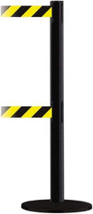 Tensator - 38" High, 2-1/2" Pole Diam, Barricade Tape Dispenser - 14" Base Diam, Round Plastic Base, Black Steel Post, 13' x 1-7/8" Tape, Dual Line Tape, For Outdoor Use - USA Tool & Supply